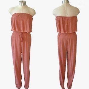 Aerie Small Rose Pink Crinkle Fabric Strapless Elastic Cuff Jumpsuit